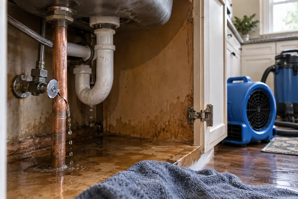 Illustrative image: Burst pipe and water damage beneath a sink
