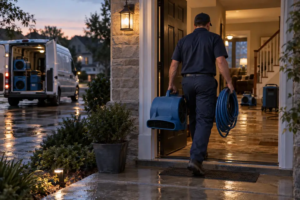 Illustrative image: Emergency restoration equipment arriving at a home