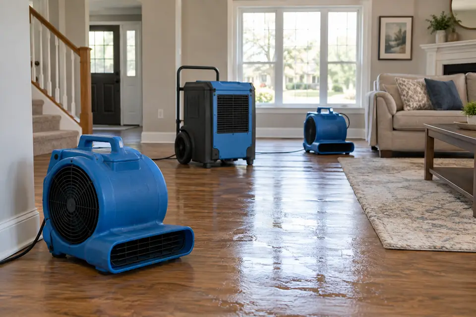 Illustrative image: Air movers and a dehumidifier
