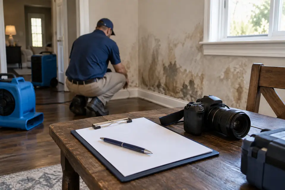 Illustrative image: Camera and clipboard for damage documentation