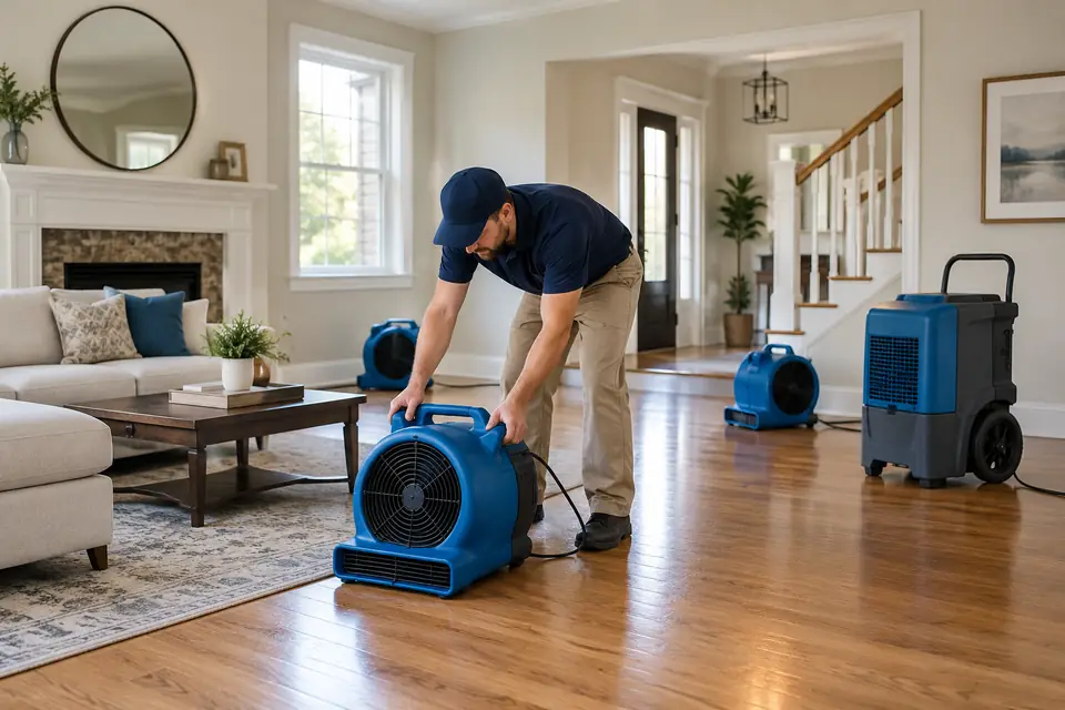 Illustrative image: Restoration equipment in a repaired living room