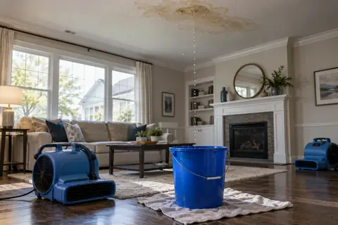 Illustrative image: Ceiling leak and water collection bucket