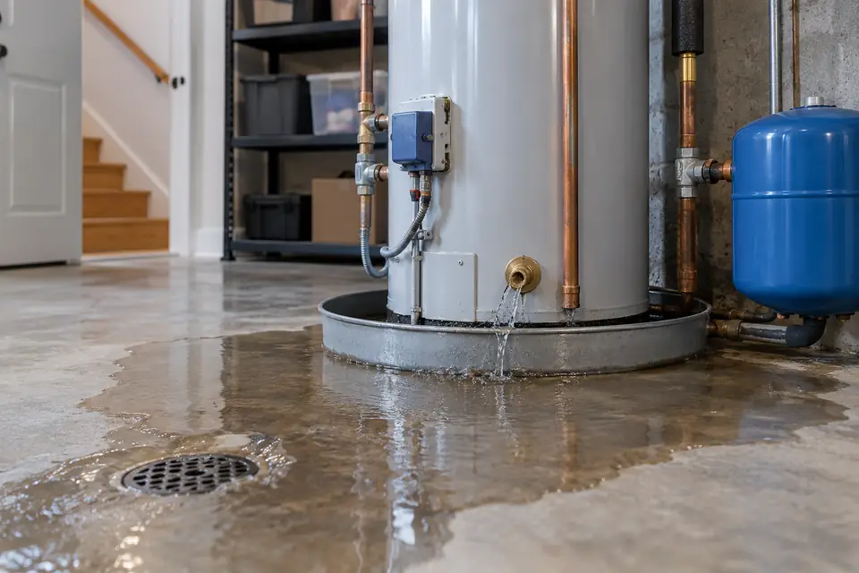 Illustrative image: Water heater leak in a utility room